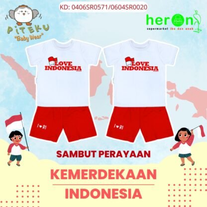 Piteku Setelan Cowo Love Indonesia V2 Oblong  Baju Pendek + Celana Pendek Size 1-2 Tahun